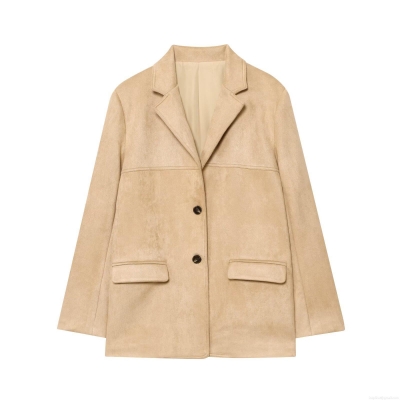 Women's Faux Suede Blazer Jacket Notched Lapel Long Sleeve Single Breasted Casual Outerwear With Pockets Western Street Style Khaki Coat For Women
