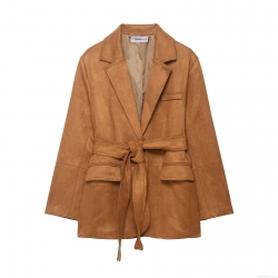 Women's Faux Suede Blazer Jacket Elegant Long Sleeve Lapel Waist Tie Loose Outerwear For Daily Commute Casual Style Solid Color Brown Coat