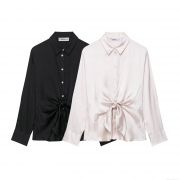 Elegant Women's Satin Long Sleeve Blouse With Hem Tie Knot Design Chic Lapel Button Down Shirt Silk Texture Solid Color Tops For Streetwear Party Ladies