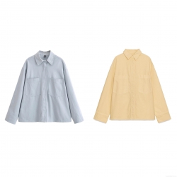 Women's Solid Color Long Sleeve Shirt Lapel Single Breasted Loose Blouse With Double Pockets Casual Streetwear Autumn Top