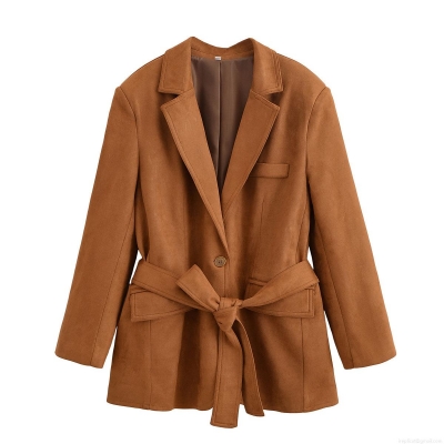 Women Mid Length Faux Suede Blazer Jacket With Belt Western Style Solid Color Long Sleeve Casual Coat For Autumn Winter Streetwear