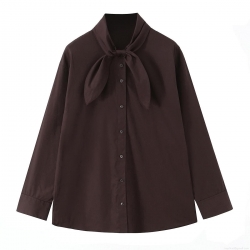 Women's Long Sleeve Tie-Neck Blouse Elegant Solid Coffee Brown Polyester Pussy-Bow Shirt Top for Office Lady Fall Fashion