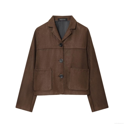 Women's Suede Fabric Single Breasted Blazer Jacket Lapel Long Sleeve Retro Solid Color Outwear Streetwear Casual Coffee Short Coat For Lady
