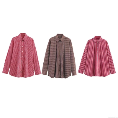 Women's Loose Long Sleeve Striped Plaid Shirt Casual Lapel Polyester Button Down Blouse Top For Daily Streetwear