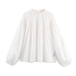Women's White Long Sleeve Blouse Ruffle Stand Collar Lantern Sleeve Pleated Cotton Blend Shirt Elegant Streetwear Casual Chic Top For Ladies