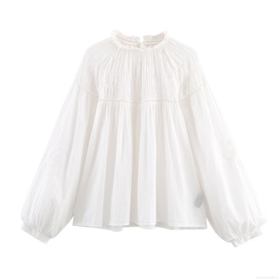 Women's White Long Sleeve Blouse Ruffle Stand Collar Lantern Sleeve Pleated Cotton Blend Shirt Elegant Streetwear Casual Chic Top For Ladies