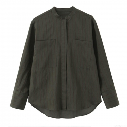 Women's Fashion Striped Stand Collar Shirt Loose Long Sleeve Polyester Blouse With Double Pockets Casual Office Top