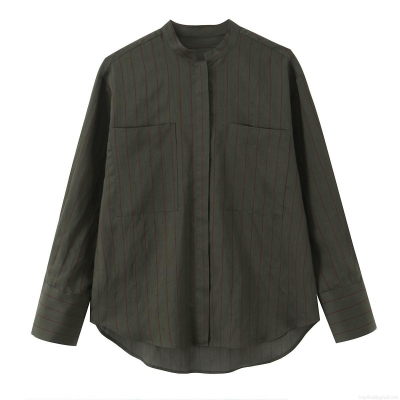 Women's Fashion Striped Stand Collar Shirt Loose Long Sleeve Polyester Blouse With Double Pockets Casual Office Top