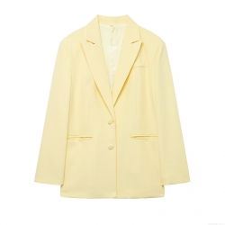 Women's Elegant Loose Fit Pale Yellow Blazer Jacket 100% Polyester Long Sleeve Single Breasted Notch Lapel Solid Color Casual Office Outerwear For Lady