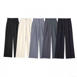 Women's High Waist Wide Leg Suit Pants Fashion Casual Pleated Office Trousers Loose Straight Polyester Vertical Striped Long Pants for Ladies