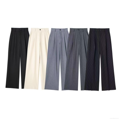 Women's High Waist Wide Leg Suit Pants Fashion Casual Pleated Office Trousers Loose Straight Polyester Vertical Striped Long Pants for Ladies