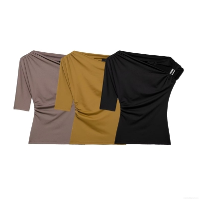 Women's Sexy One Shoulder Asymmetric Top Long Sleeve Side Ruched Blouse With Metal Buckle Solid Color Slim Fit Fashion Shirt For Women Party Club Night Out