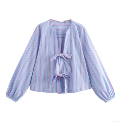 Women's Casual Bow Tie Striped Poplin Blouse V-Neck Long Sleeve Loose Shirt Tops With Ribbon Self-Tie Front For Daily Office Wear