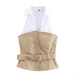Women's Halter Neck Spliced Top Elegant Patchwork Bandeau Style Blouse With Belt Slim Fit Cotton Blend Sleeveless Shirt For Office Commuting Daily Wear