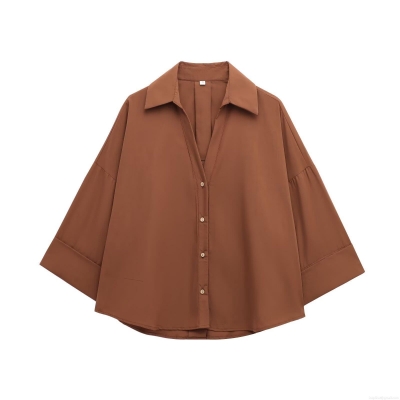 Women's Casual Solid Color Polyester Cotton Blouse Shirt Single-Breasted Lapel Long Sleeve Loose Fit Tops For Daily Wear Spring Summer