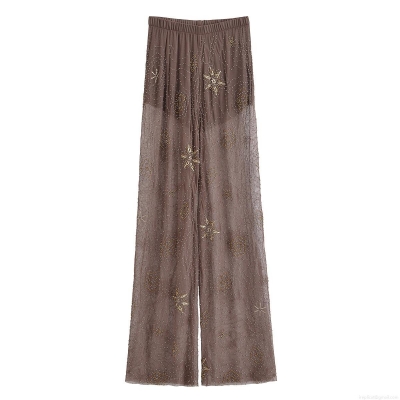 Women's Fashion Coffee Mesh Wide Leg Pants With Gold Sequins And Star Beads Elegant Sexy Sheer Club Party Long Trousers For Vacation Evening