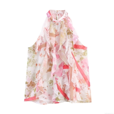 Women Elegant Halter Neck Sleeveless Blouse Summer Floral Print Chiffon Top With Layered Ruffle Mock Neck Casual Party Fashion Shirt