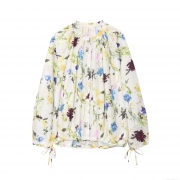 Women's Sweet Floral Print Polyester Cotton Blouse Pleated Round Neck Long Sleeve Shirt With Drawstring Cuffs Casual Summer Tops