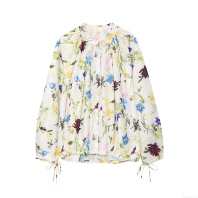 Women's Sweet Floral Print Polyester Cotton Blouse Pleated Round Neck Long Sleeve Shirt With Drawstring Cuffs Casual Summer Tops