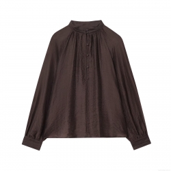 Elegant Women Tencel Blend Translucent Blouse Stand Collar Long Bubble Sleeve Solid Coffee Shirt Minimalist Casual Glossy Top for Autumn