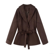 Women Suede Lace-up Waist Blazer Jacket Fashion Slim Fit Solid Color Long Sleeve Lapel Trench Coat For Commute Casual Fall Winter Outerwear