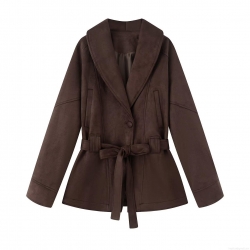 Women Suede Lace-up Waist Blazer Jacket Fashion Slim Fit Solid Color Long Sleeve Lapel Trench Coat For Commute Casual Fall Winter Outerwear