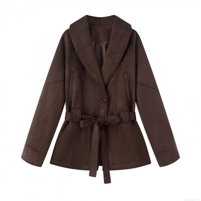 Women Suede Lace-up Waist Blazer Jacket Fashion Slim Fit Solid Color Long Sleeve Lapel Trench Coat For Commute Casual Fall Winter Outerwear