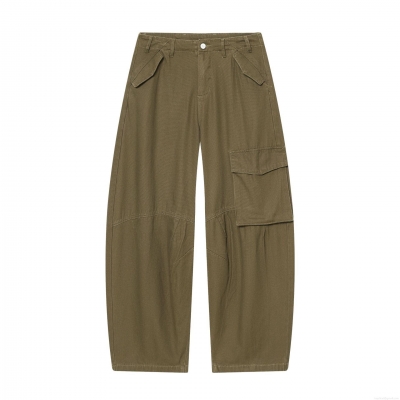 Women's Casual Cargo Pants High Waist Multi-Pocket Wide Leg Heavy Twill Cotton Blend Streetwear Trousers Olive Green Solid Color Fashion Jeans