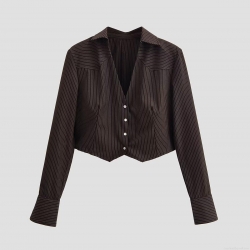 Women Fashion Striped Cropped Shirt Jacket 100% Polyester Long Sleeve V-Neck Shoulder Padded Blouse Casual Daily Office Streetwear Chic Style