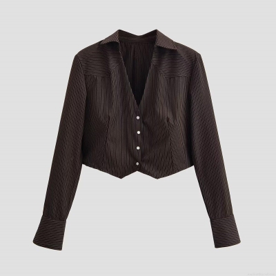 Women Fashion Striped Cropped Shirt Jacket 100% Polyester Long Sleeve V-Neck Shoulder Padded Blouse Casual Daily Office Streetwear Chic Style