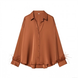 Elegant Women's Satin Blouse With Feather Trim Cuffs Long Sleeve Turn-Down Collar Button Down Shirt For Party Club Celebrity Style Solid Color Tops