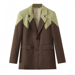 Women's Color-Block Blazer Jacket Notch Lapel Long Sleeve Single Breasted Suit Coat For Office Commuter Elegant Lady Polyester Viscose Blend Patchwork Outerwear Brown Olive Green