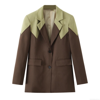 Women's Color-Block Blazer Jacket Notch Lapel Long Sleeve Single Breasted Suit Coat For Office Commuter Elegant Lady Polyester Viscose Blend Patchwork Outerwear Brown Olive Green