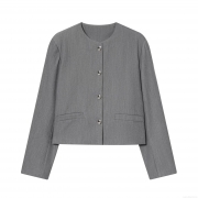 Women's Round Neck Short Blazer Jacket Elegant Korean Style Office Commute Polyester Spandex Twill Outerwear Single Breasted Long Sleeve Jacket With Silver Metal Buttons Autumn Winter Casual Blazers For Women
