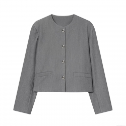 Women's Round Neck Short Blazer Jacket Elegant Korean Style Office Commute Polyester Spandex Twill Outerwear Single Breasted Long Sleeve Jacket With Silver Metal Buttons Autumn Winter Casual Blazers For Women