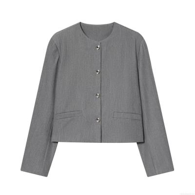 Women's Round Neck Short Blazer Jacket Elegant Korean Style Office Commute Polyester Spandex Twill Outerwear Single Breasted Long Sleeve Jacket With Silver Metal Buttons Autumn Winter Casual Blazers For Women