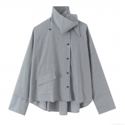 Women's Houndstooth Oversized Long Sleeve Shirt Asymmetrical Button Down Poplin Blouse Casual Elegant Loose Fit Grey Tops For Women Trendy Beaded Detail