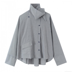 Women's Houndstooth Oversized Long Sleeve Shirt Asymmetrical Button Down Poplin Blouse Casual Elegant Loose Fit Grey Tops For Women Trendy Beaded Detail