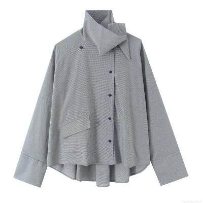 Women's Houndstooth Oversized Long Sleeve Shirt Asymmetrical Button Down Poplin Blouse Casual Elegant Loose Fit Grey Tops For Women Trendy Beaded Detail