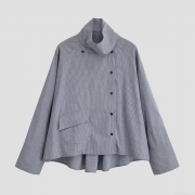 Women's Fashion Plaid Long Sleeve Shirt High Stand Collar Asymmetric Button Closure Single Pocket 100% Polyester Casual Blouse Elegant Retro Light Jacket Streetwear For Women