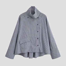 Women's Fashion Plaid Long Sleeve Shirt High Stand Collar Asymmetric Button Closure Single Pocket 100% Polyester Casual Blouse Elegant Retro Light Jacket Streetwear For Women
