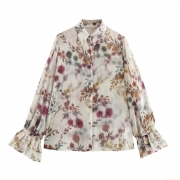 Women's Floral Print Chiffon Shirt With Metallic Gold Stripes Ruffle Flared Cuffs Long Sleeve Lapel Button Down Blouse Casual Elegant Office Tops