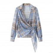 Women's Plaid Gold Silk Long Sleeve Shirt Side Tie V-Neck Blouse Elegant Blue Brown Checkered Top With Metallic Thread For Women Daily Fashion Spring