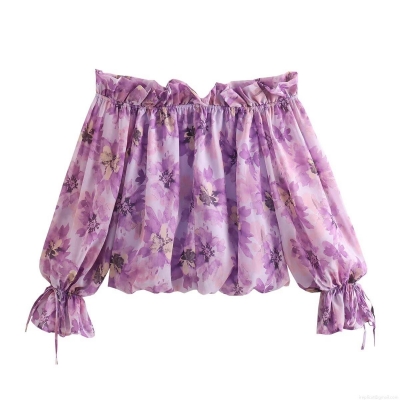 Women's Off-The-Shoulder Floral Blouse Long Sleeve Chiffon Feel Polyester Top With Ruffle Cuff Smocked Waist Sweet Casual Shirt