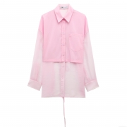 Women's Sweet Pink Patchwork Shirt Transparent Mesh Long Sleeve Loose Blouse With Back Tie Polyester Organza Top For Women Dating Party