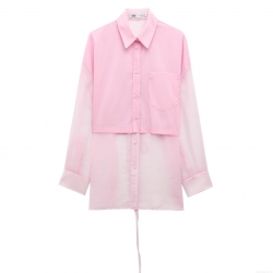 Women's Sweet Pink Patchwork Shirt Transparent Mesh Long Sleeve Loose Blouse With Back Tie Polyester Organza Top For Women Dating Party