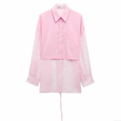 Women's Sweet Pink Patchwork Shirt Transparent Mesh Long Sleeve Loose Blouse With Back Tie Polyester Organza Top For Women Dating Party
