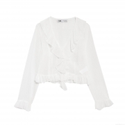 Elegant White V-Neck Chiffon Blouse For Women Ruffle Long Sleeve Cropped Shirt Fashion Sweet Solid Color Polyester Tops Ladies Daily Wear
