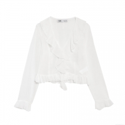 Elegant White V-Neck Chiffon Blouse For Women Ruffle Long Sleeve Cropped Shirt Fashion Sweet Solid Color Polyester Tops Ladies Daily Wear