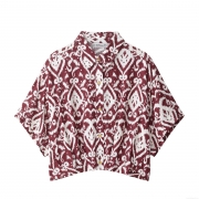 Women's Fashion Ikat Print Short Sleeve Blouse Shirt Casual Button Down Blouse With Wooden Buttons Red White Ethnic Style Polyester Top
